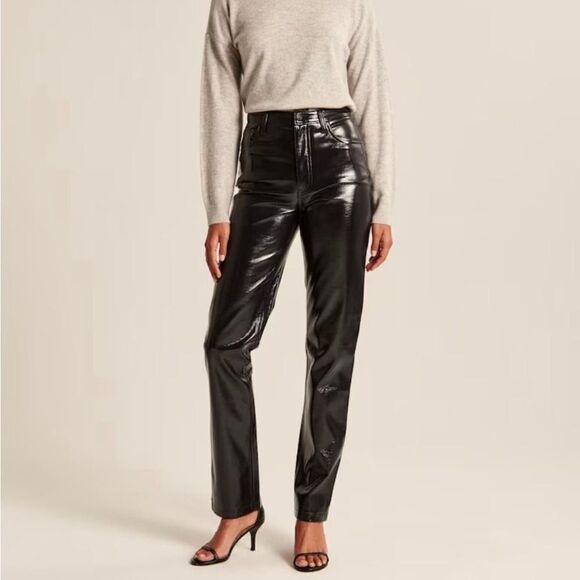 NWT Abercrombie & Fitch Black Straight High‎ Rise Patent Leather Pants Size 27 - Picture 1 of 9